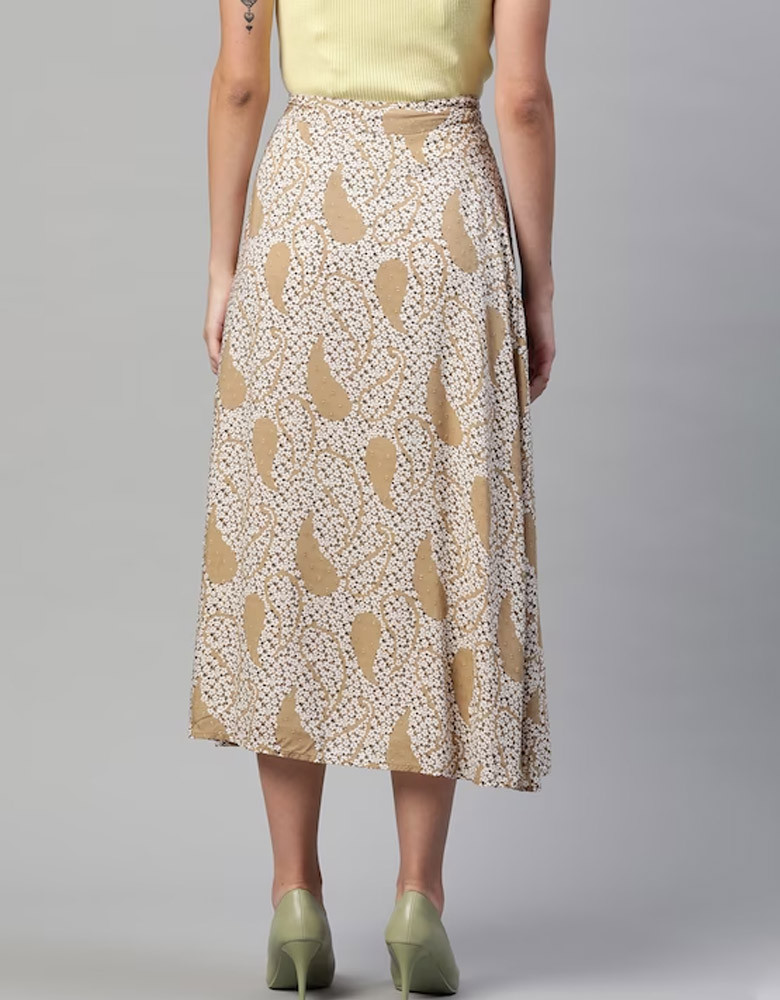 Women Beige & White Ethnic Print A-Line Midi Skirt