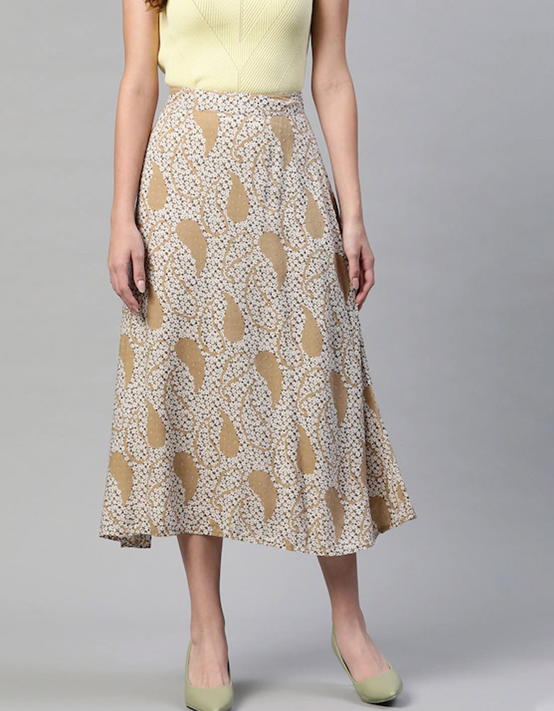 Women Beige & White Ethnic Print A-Line Midi Skirt