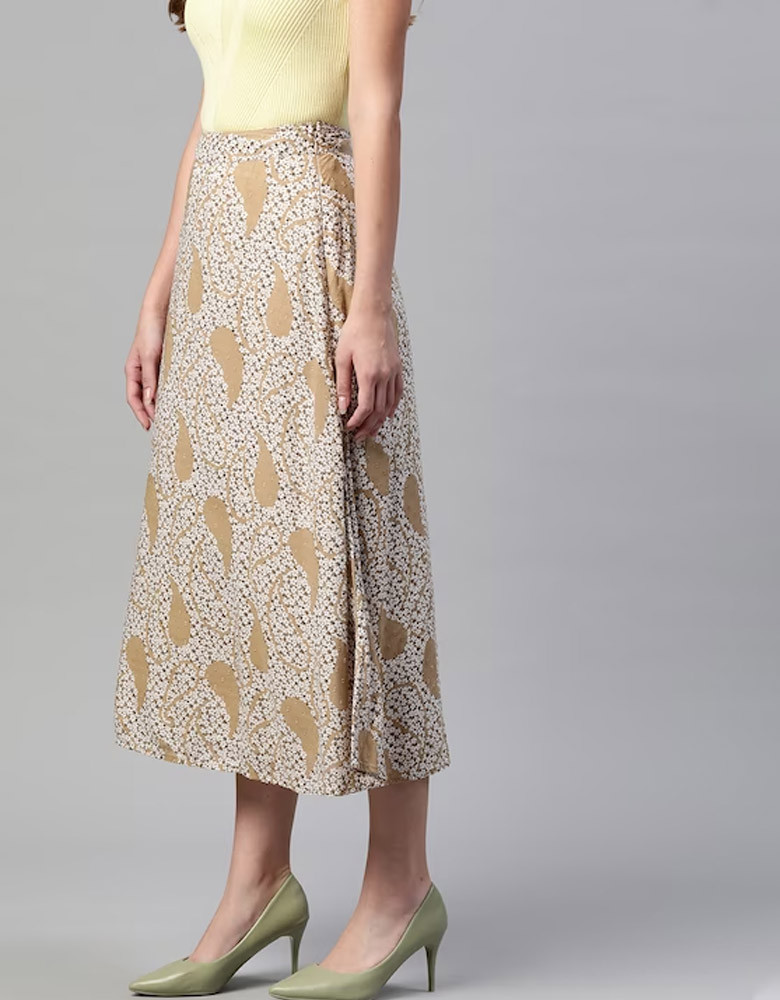 Women Beige & White Ethnic Print A-Line Midi Skirt