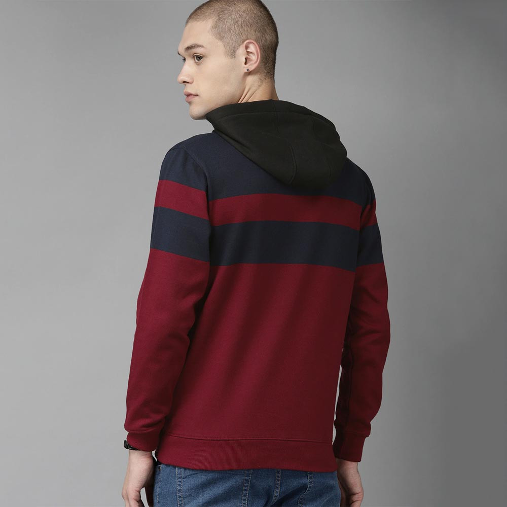The Lifestyle Co Men Burgundy & Navy Blue Striped Hooded Sweatshirt