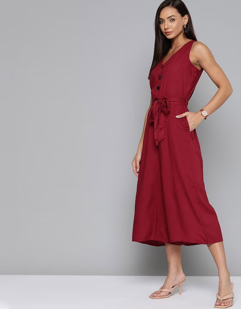 Maroon Solid Culotte Jumpsuit with Belt