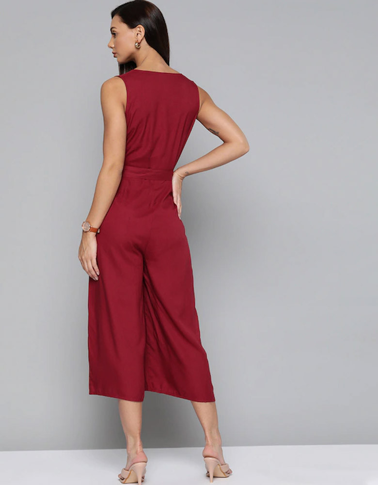 Maroon Solid Culotte Jumpsuit with Belt