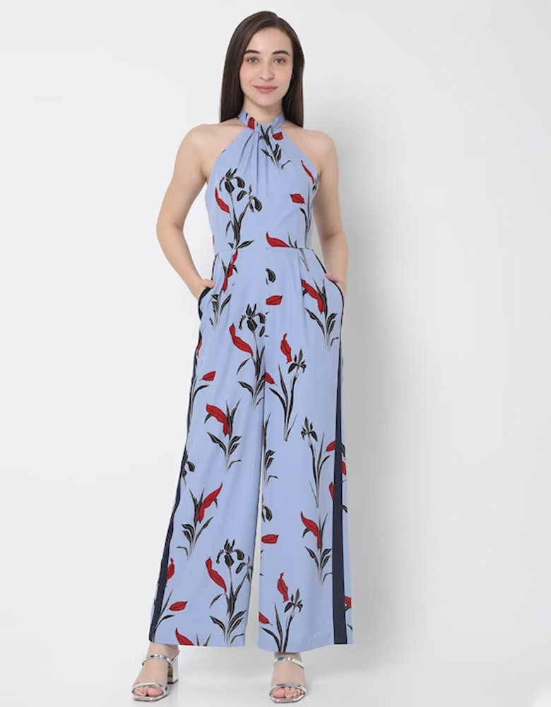 Women Blue Floral Print Halter Neck Jumpsuit