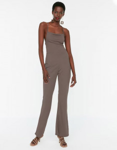 Brown Solid Shoulder Straps Basic Jumpsuit