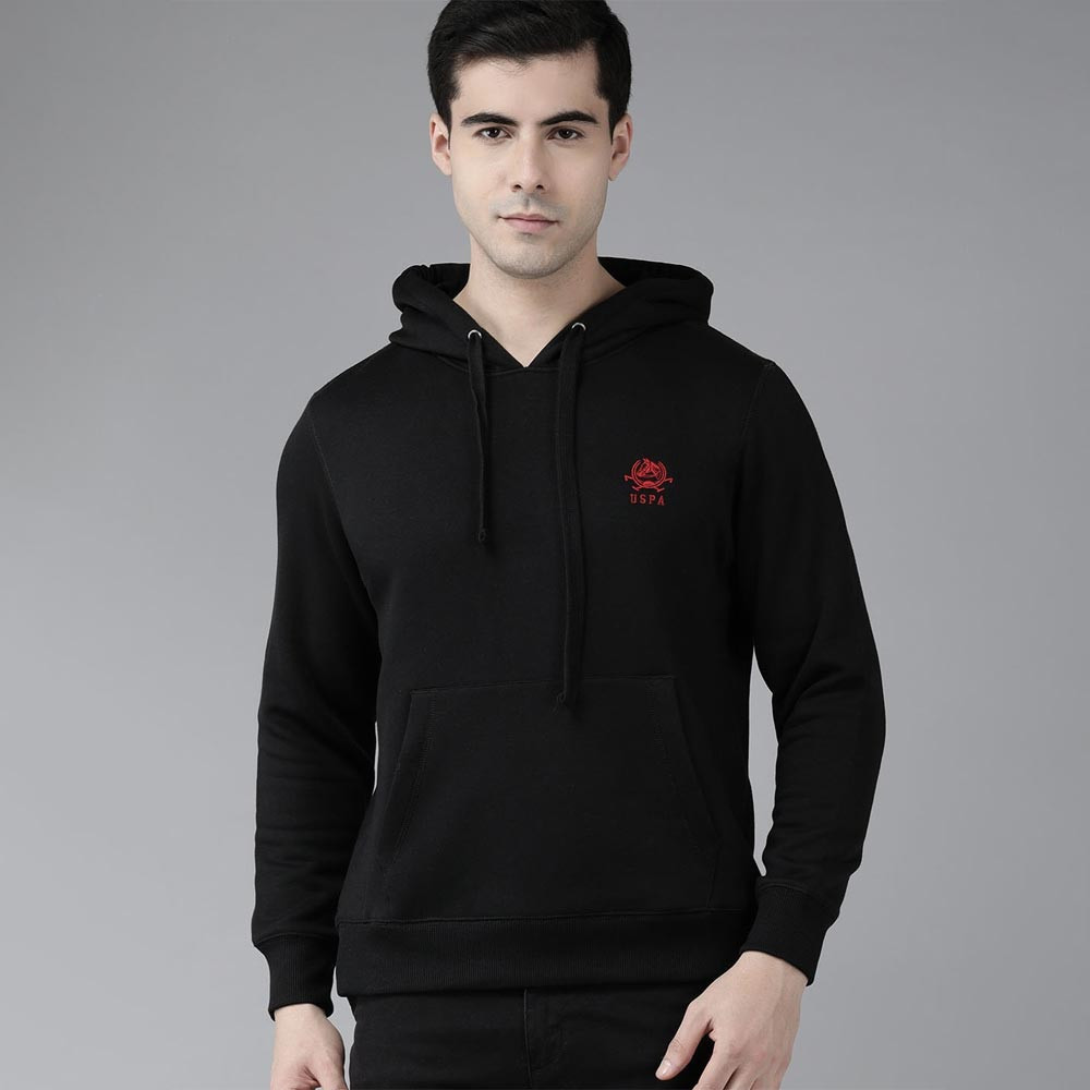 Men Black Solid Hooded Sweatshirt