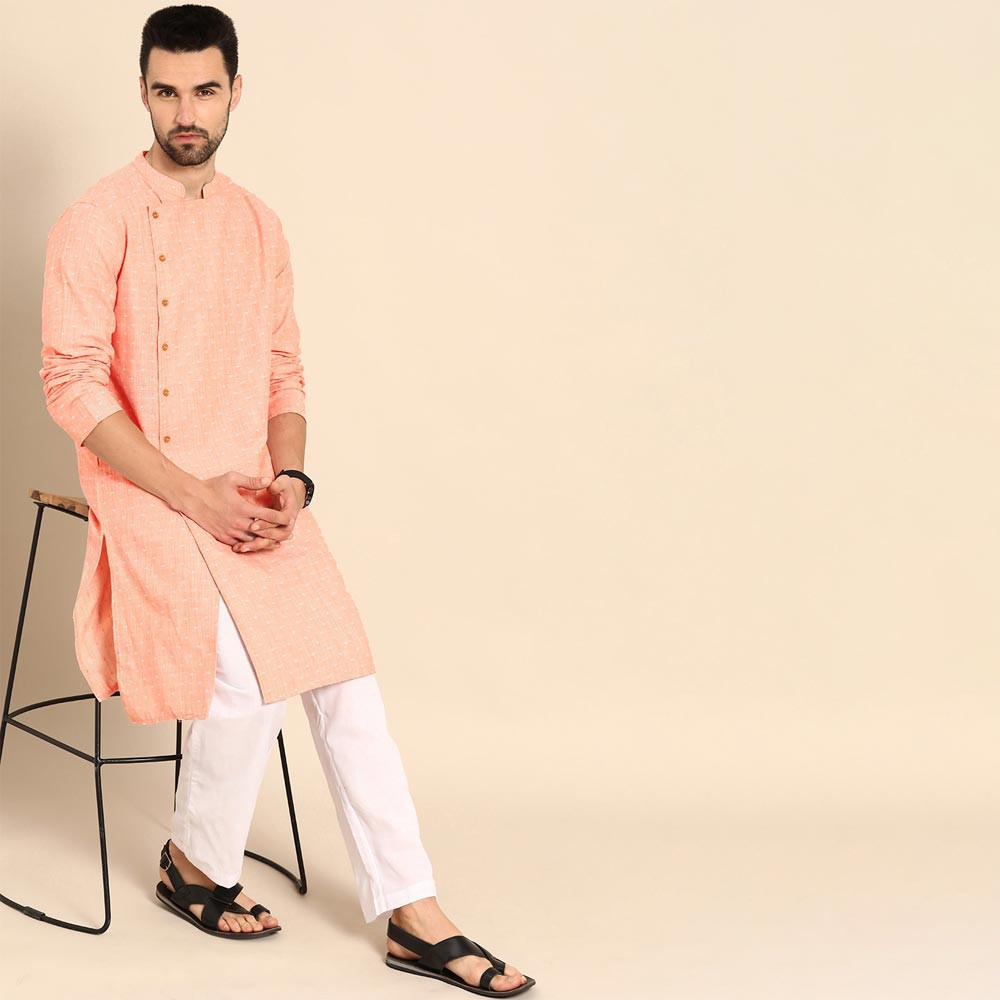 Men Peach-Coloured & White Woven Design Pure Cotton Angrakha Kurta with Trousers