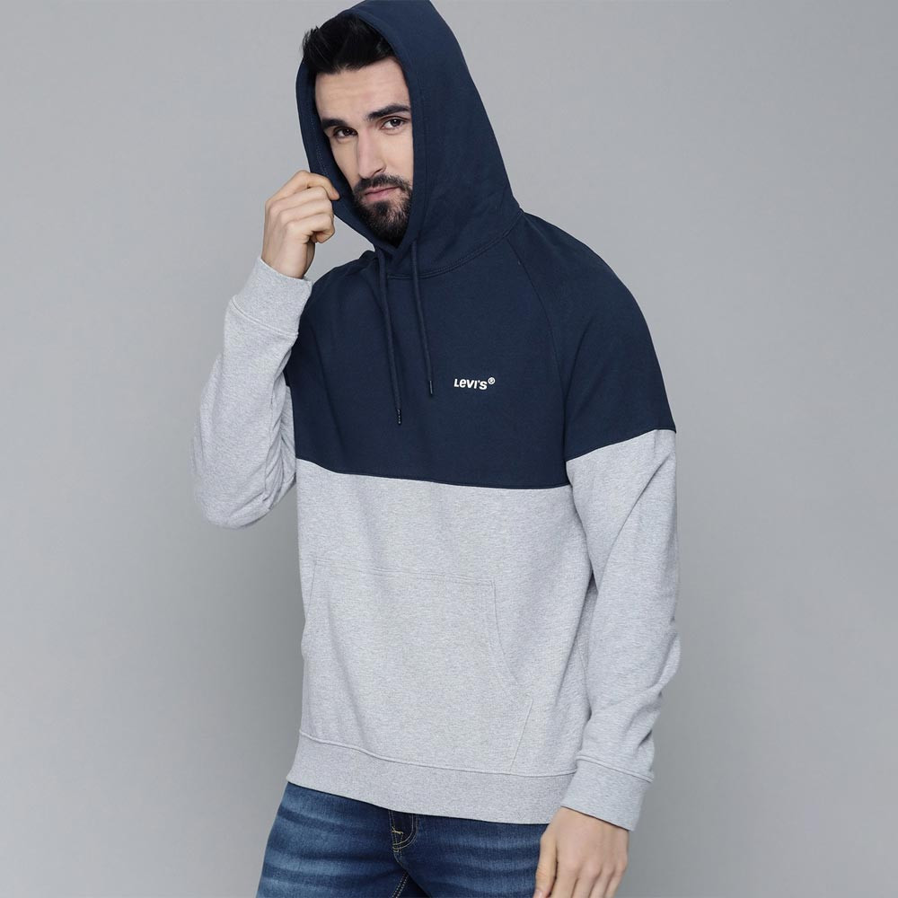 Men Grey & Blue Colourblocked Pure Cotton Hooded Sweatshirt