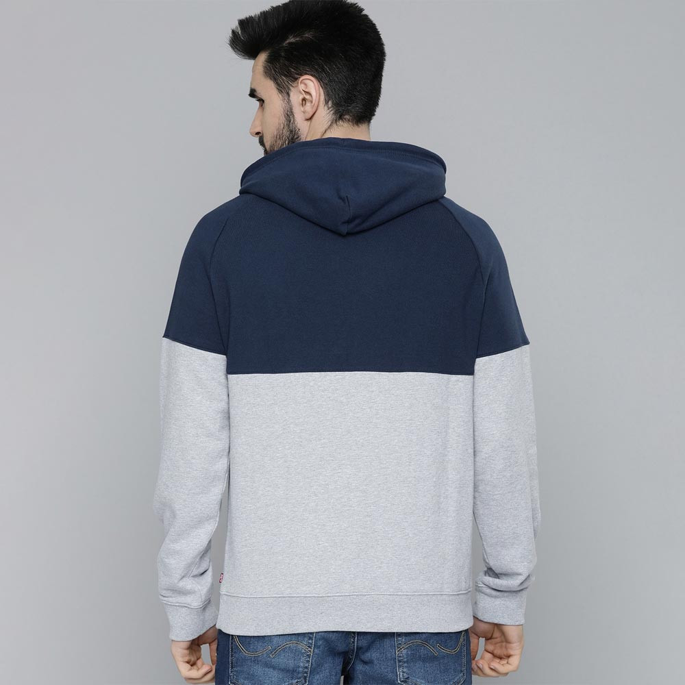 Men Grey & Blue Colourblocked Pure Cotton Hooded Sweatshirt