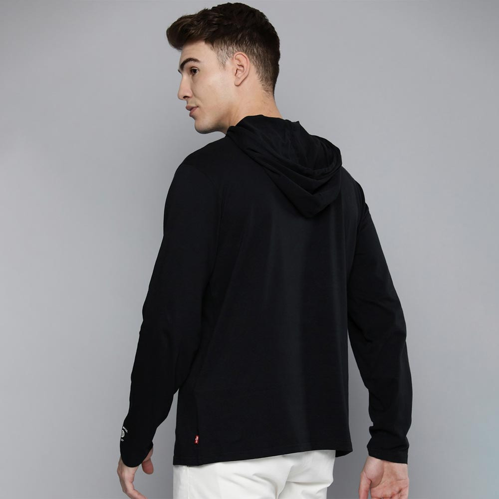 Men Black Graphic Printed Slim Fit Pure Cotton Pullover Hooded Sweatshirt