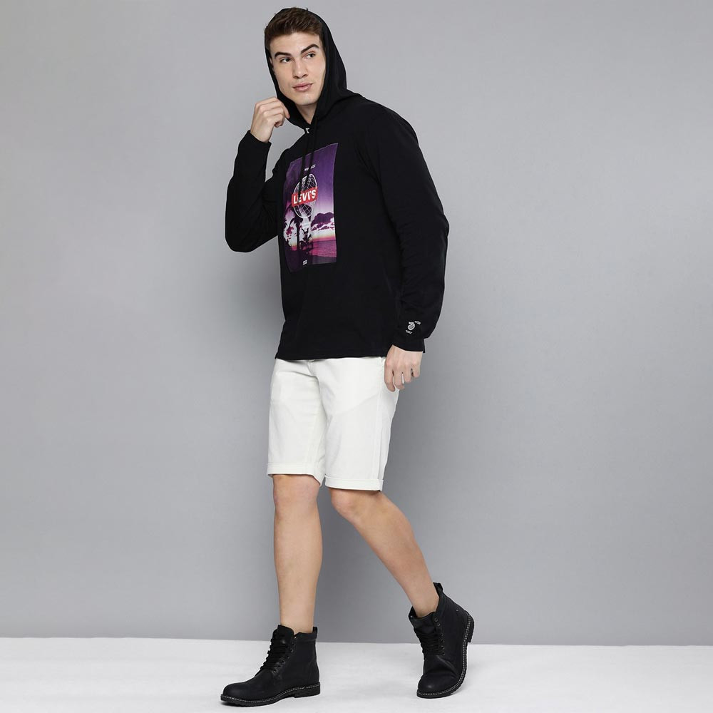 Men Black Graphic Printed Slim Fit Pure Cotton Pullover Hooded Sweatshirt