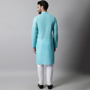 Men Turquoise Blue & White Self Design Kurta with Pyjamas