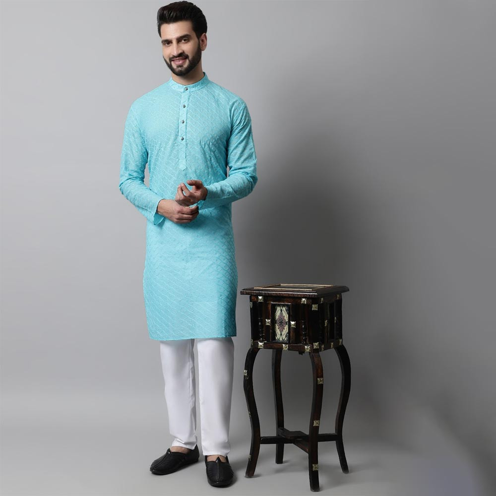 Men Turquoise Blue & White Self Design Kurta with Pyjamas