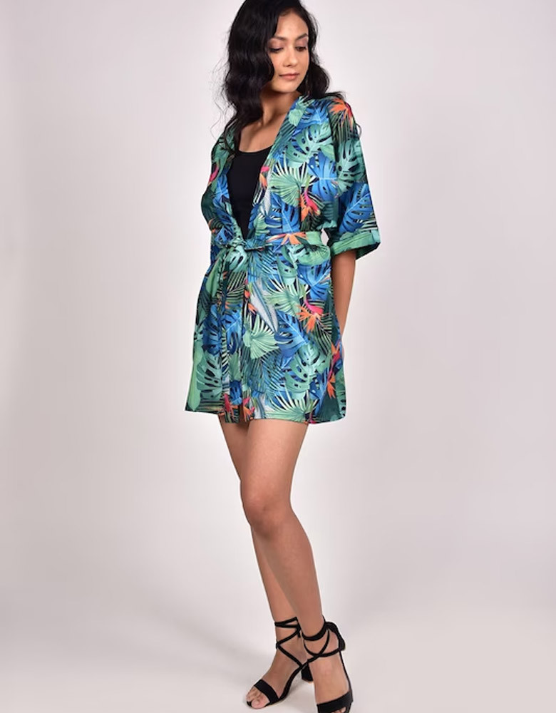 Women Printed Tropical Tie-Up Kaftan Shrug