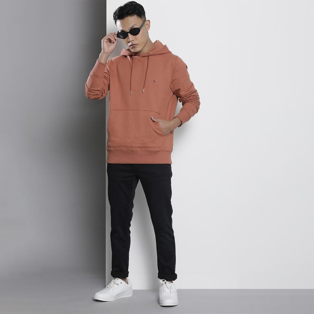 Men Rose Solid Hooded Casual Sweatshirt