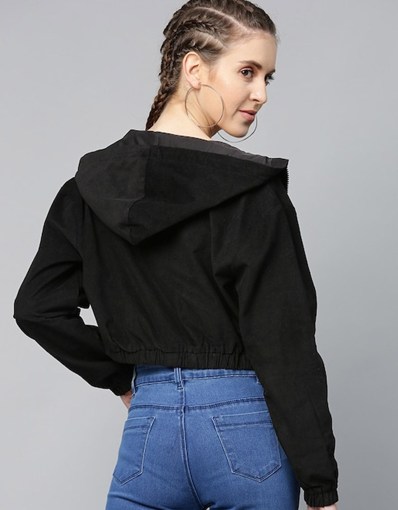 Women Black Solid Corduroy Cropped Bomber Jacket