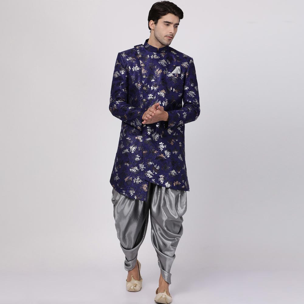Men Blue & Grey Floral Printed Asymmetric Silk Sherwani With Dhoti Pants