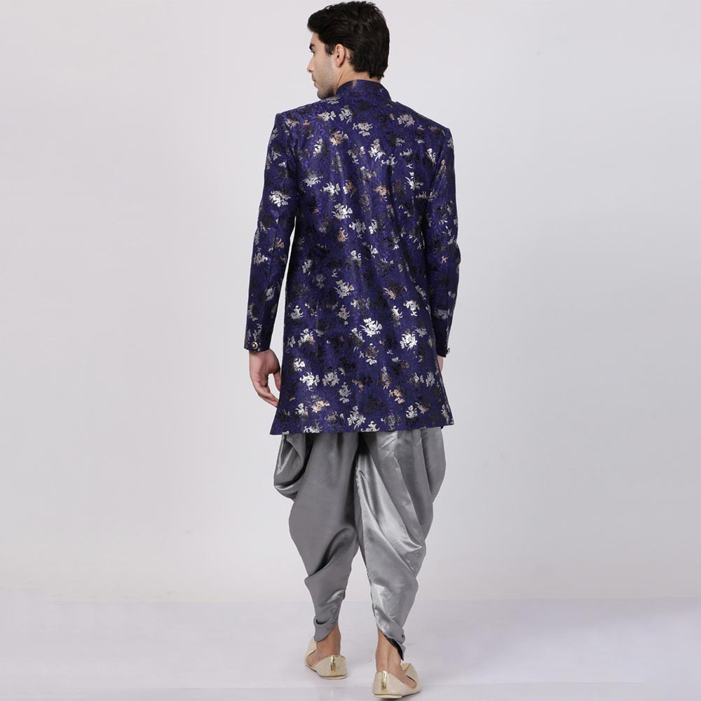 Men Blue & Grey Floral Printed Asymmetric Silk Sherwani With Dhoti Pants