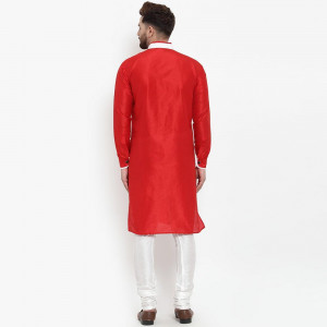 Men Red & White Solid Silk Sherwani Set