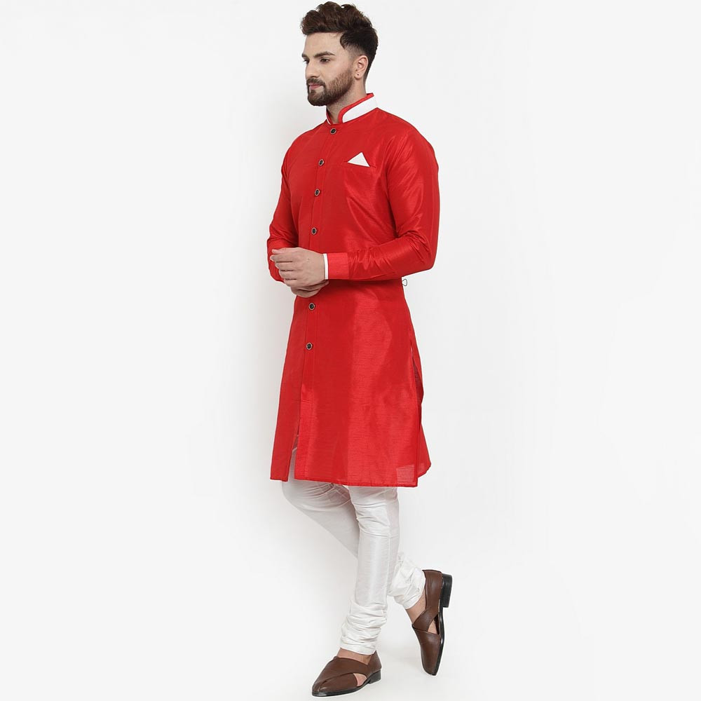 Men Red & White Solid Silk Sherwani Set