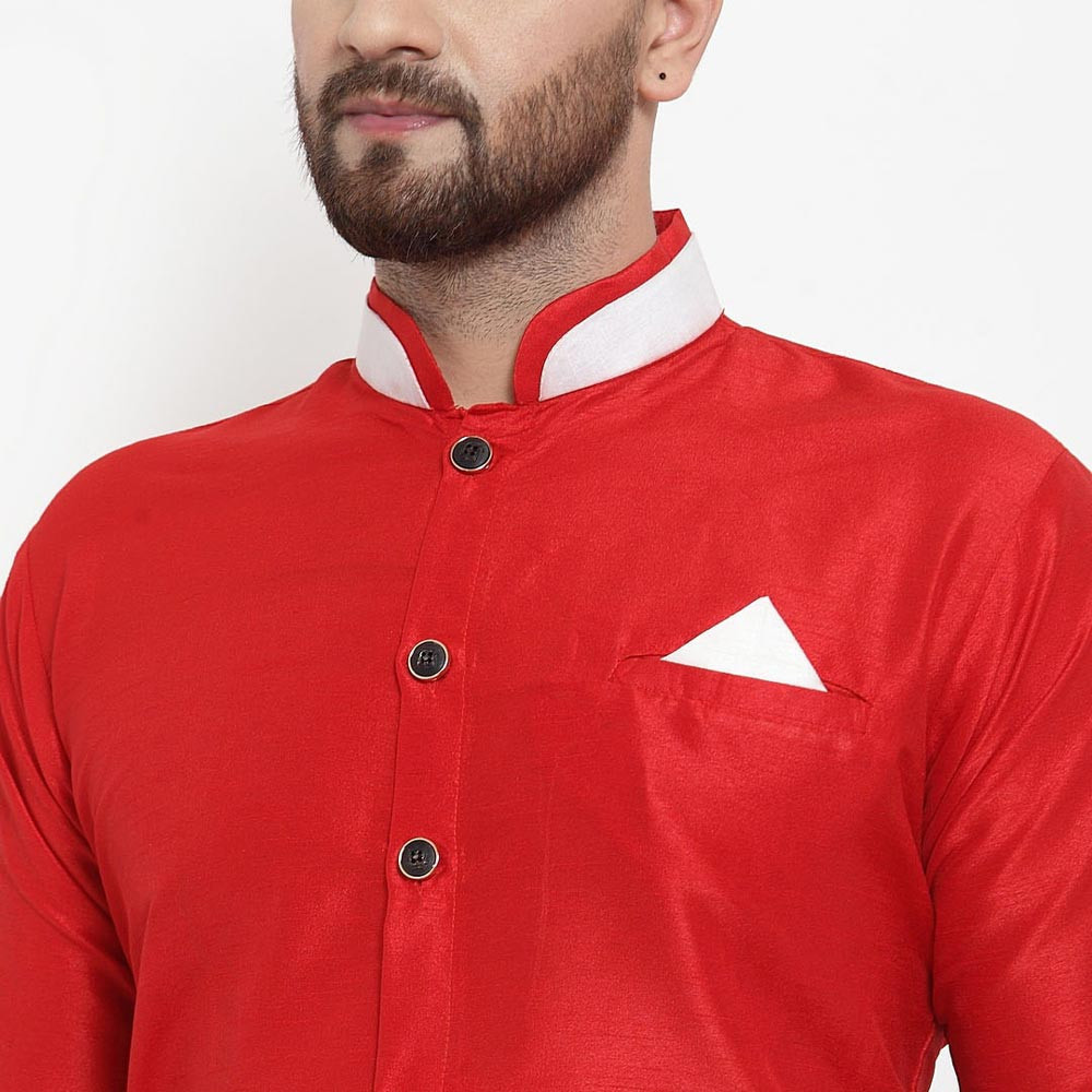 Men Red & White Solid Silk Sherwani Set