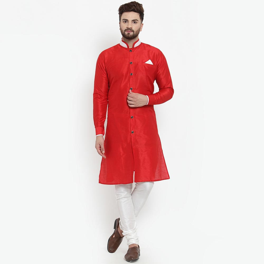 Men Red & White Solid Silk Sherwani Set