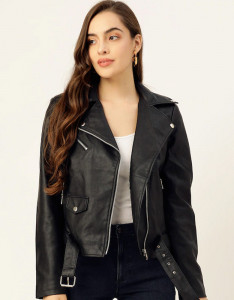 Women Black Solid Lightweight Leather Jacket