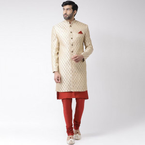Men Cream-Coloured & Red Printed Sherwani Set