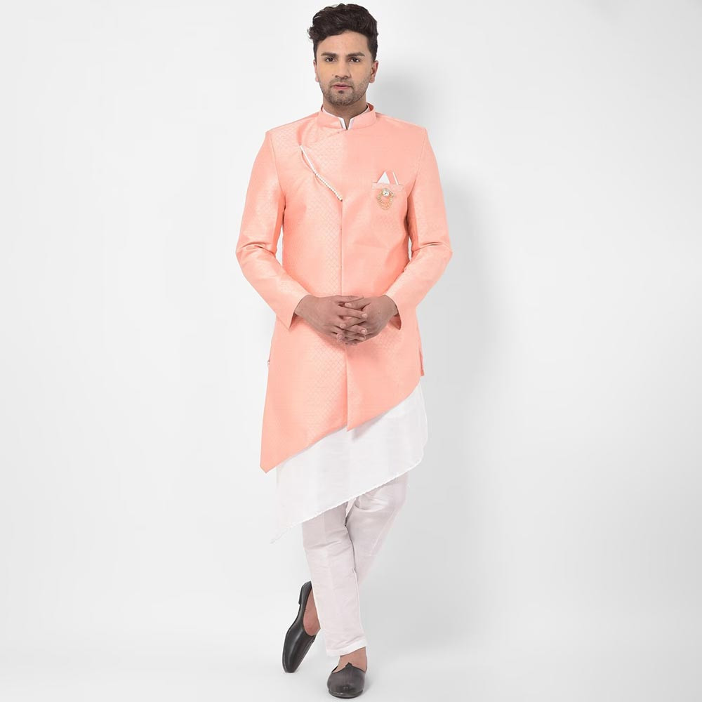 Men Peach-Coloured & White Solid Sherwani Set