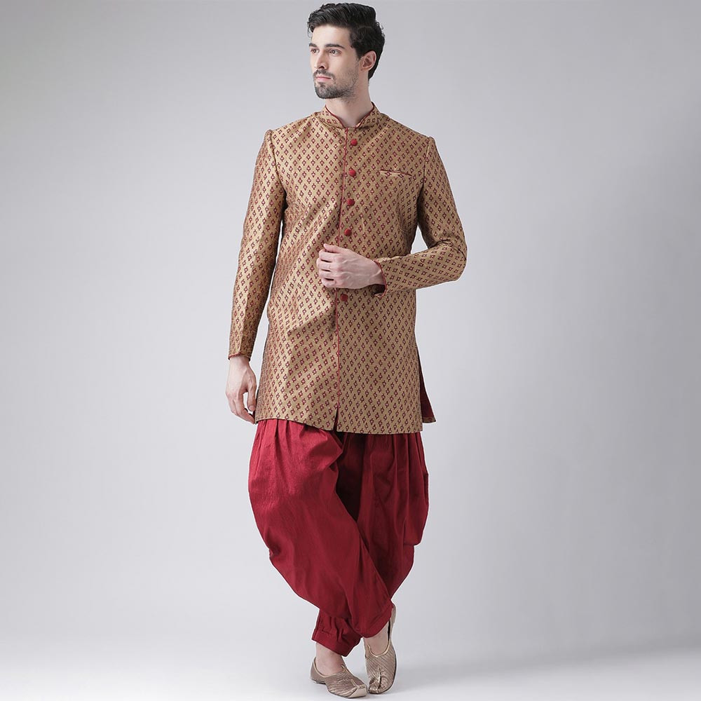 Men Brown & Red Sherwani With Dhoti Pants