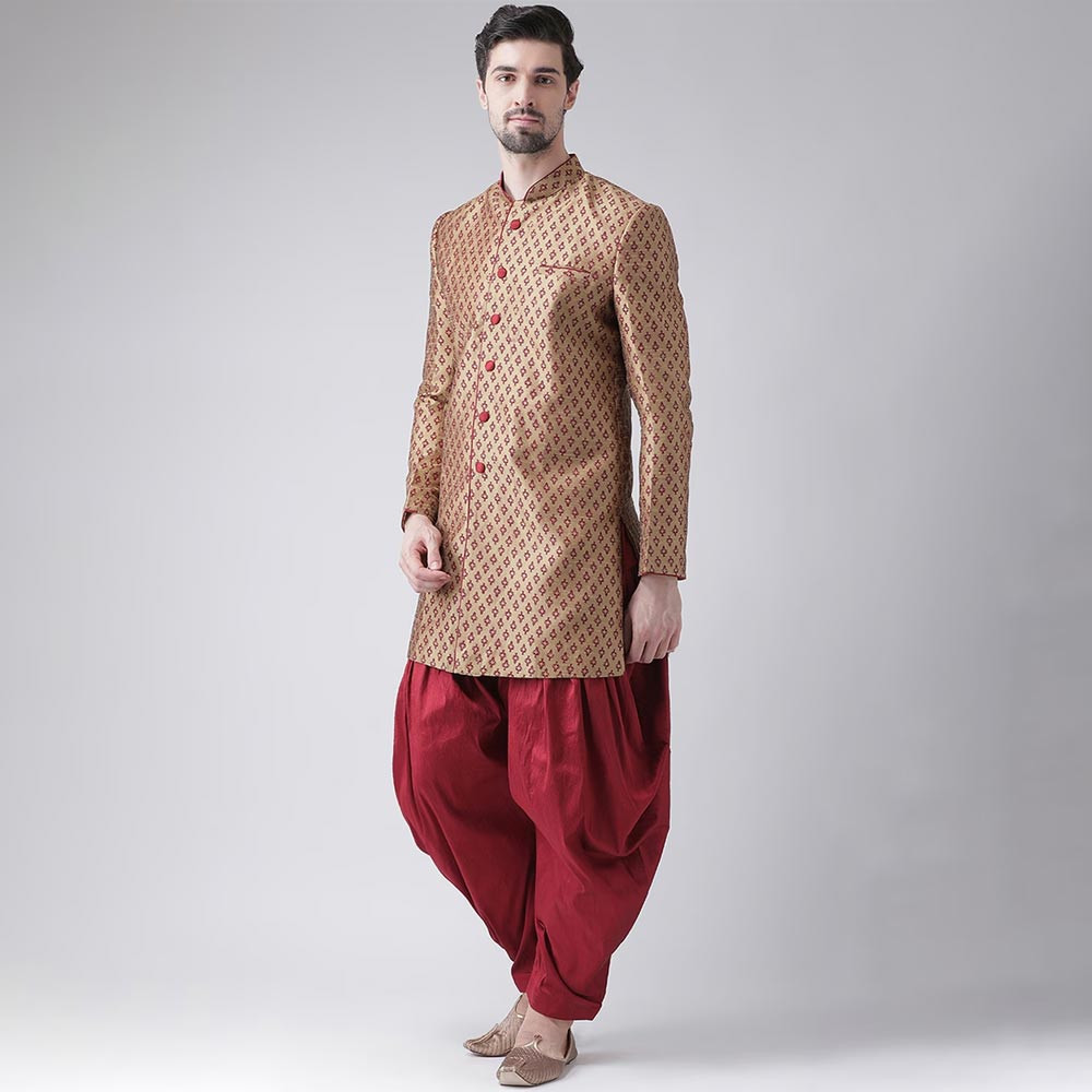 Men Brown & Red Sherwani With Dhoti Pants