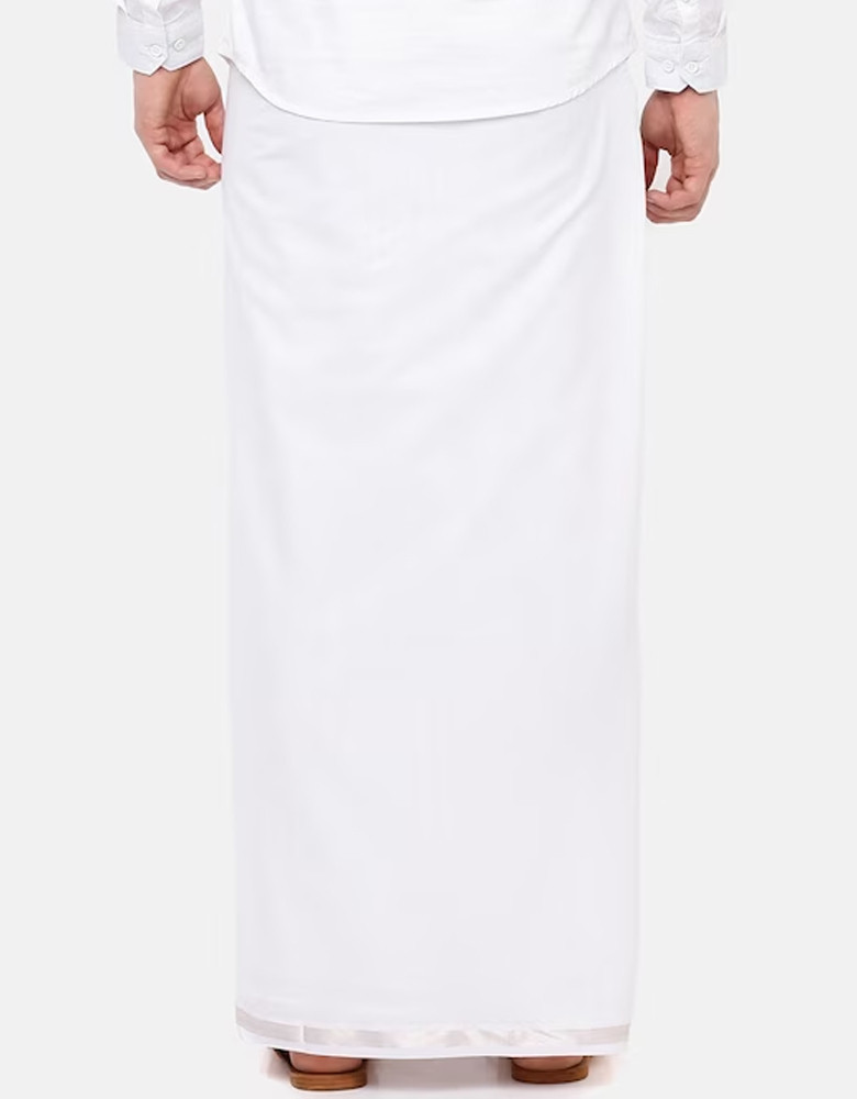 Men White Pure Cotton Double Layer Dhoti With Silver Zari Border