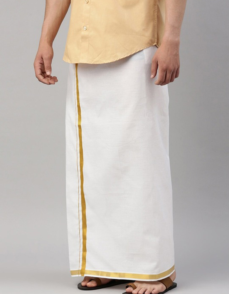 Men White & Gold-Colored Solid Pure Cotton Dhoti
