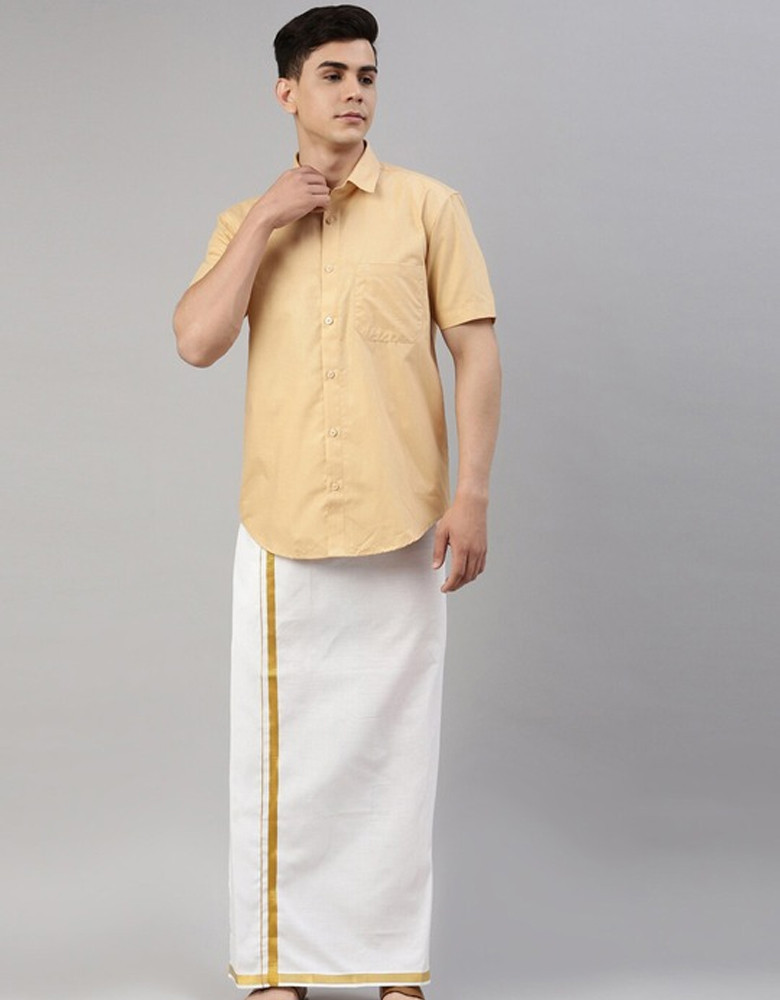 Men White & Gold-Colored Solid Pure Cotton Dhoti