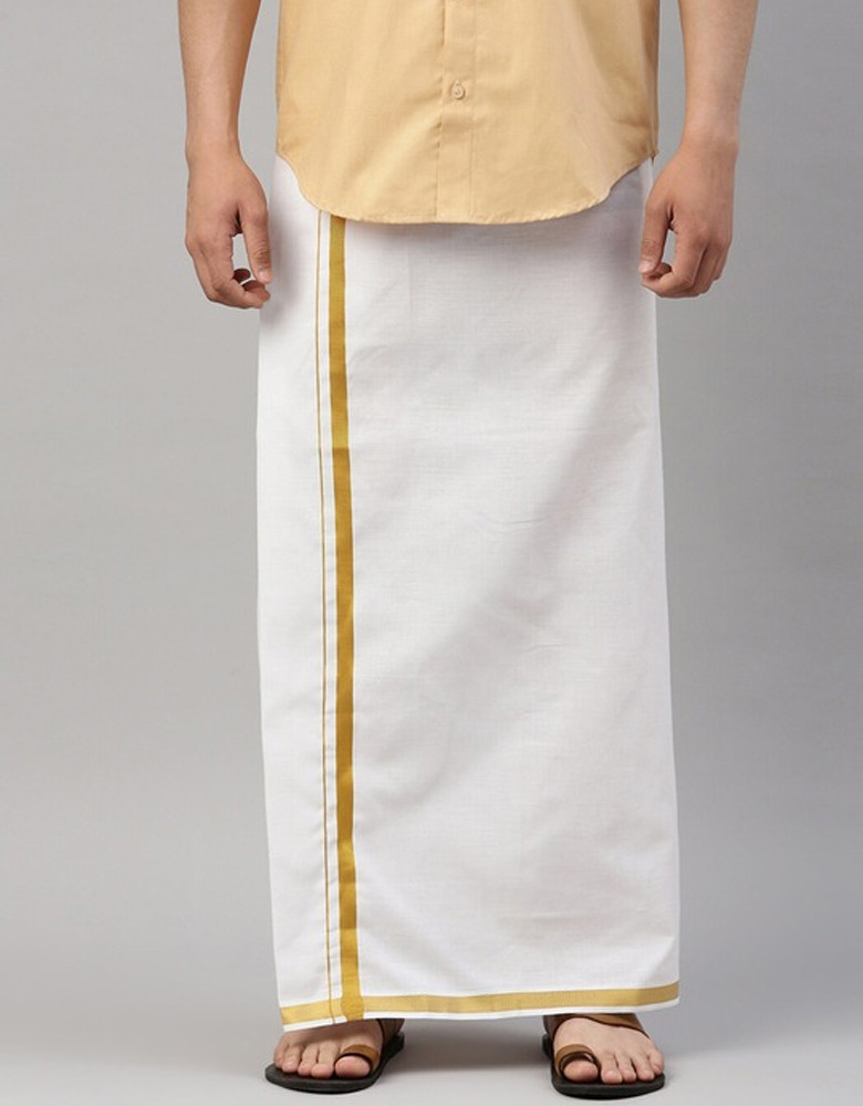 Men White & Gold-Colored Solid Pure Cotton Dhoti