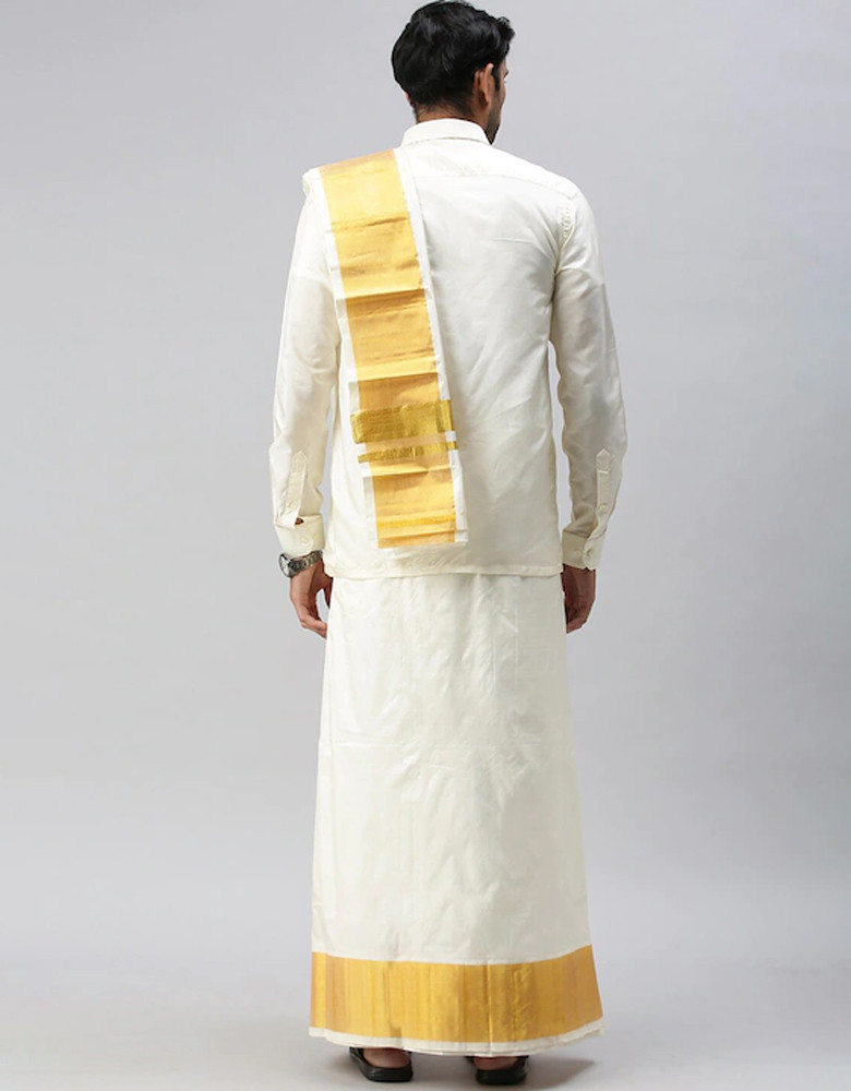 Mens Pure Silk Single Layer Cream-Coloured Dhoti with gold zari Border