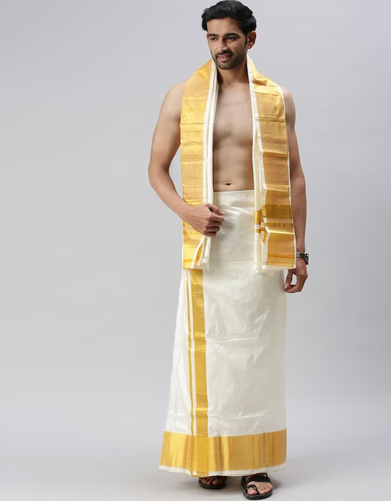 Mens Pure Silk Single Layer Cream-Coloured Dhoti with gold zari Border