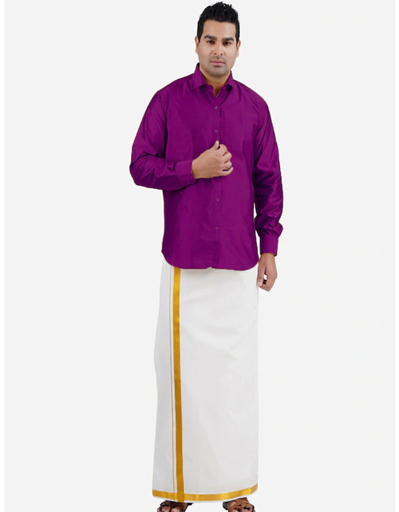 Men White & Gold-Coloured Solid Pure Cotton Dhoti