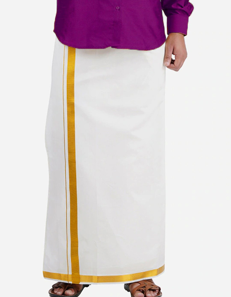 Men White & Gold-Coloured Solid Pure Cotton Dhoti