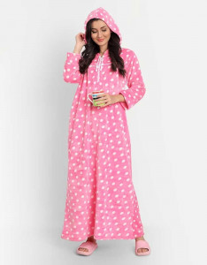 Women Pink Printed Hooded Maxi Nightdress