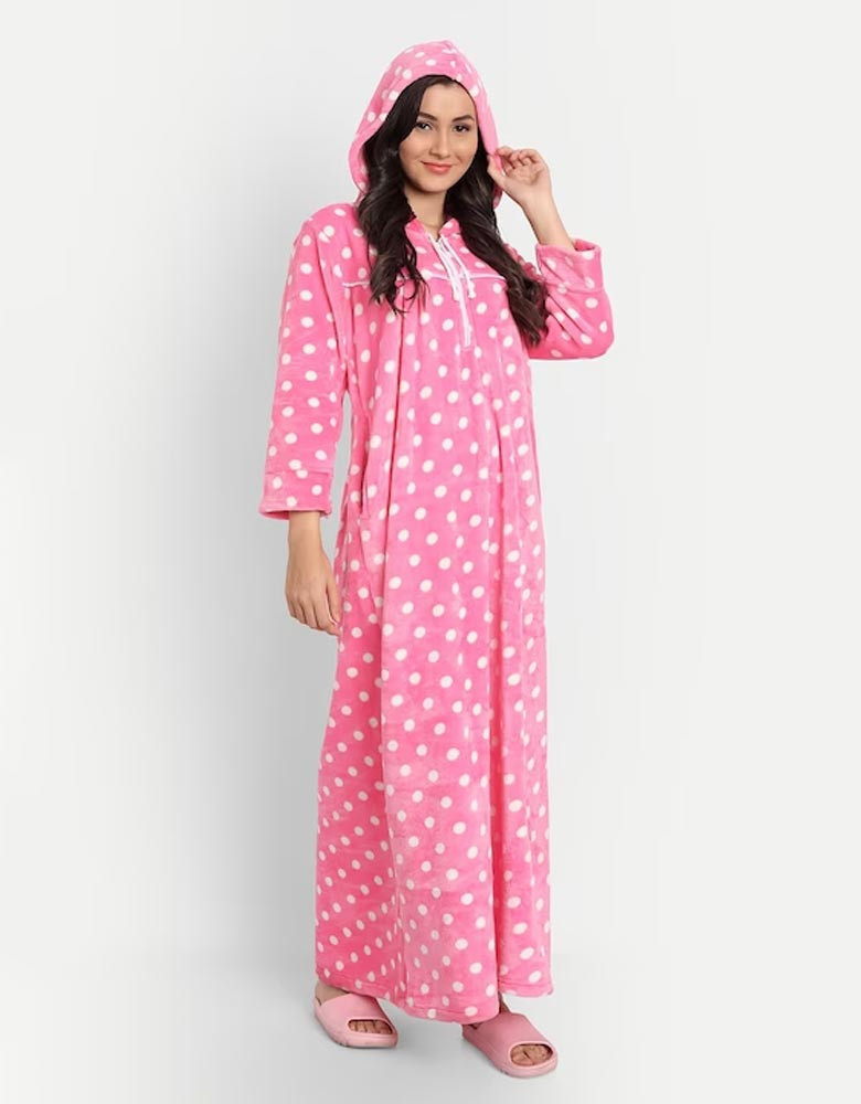Women Pink Printed Hooded Maxi Nightdress