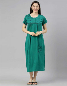 Women Sea Green Printed Cotton Nightdress
