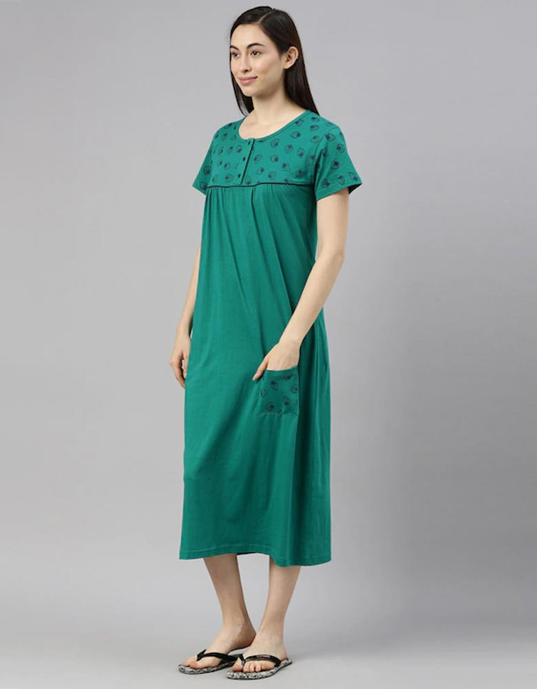 Women Sea Green Printed Cotton Nightdress