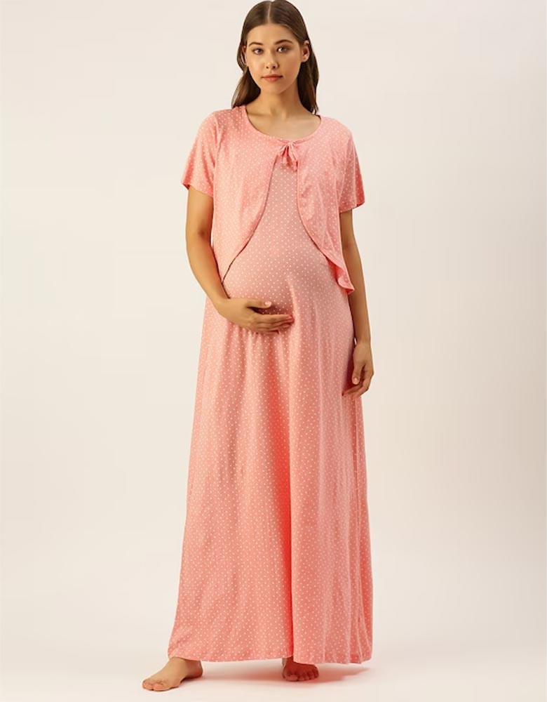 Peach-Coloured Polka Dot Print Bow Detail Layered Cotton Maxi Maternity Nightdress