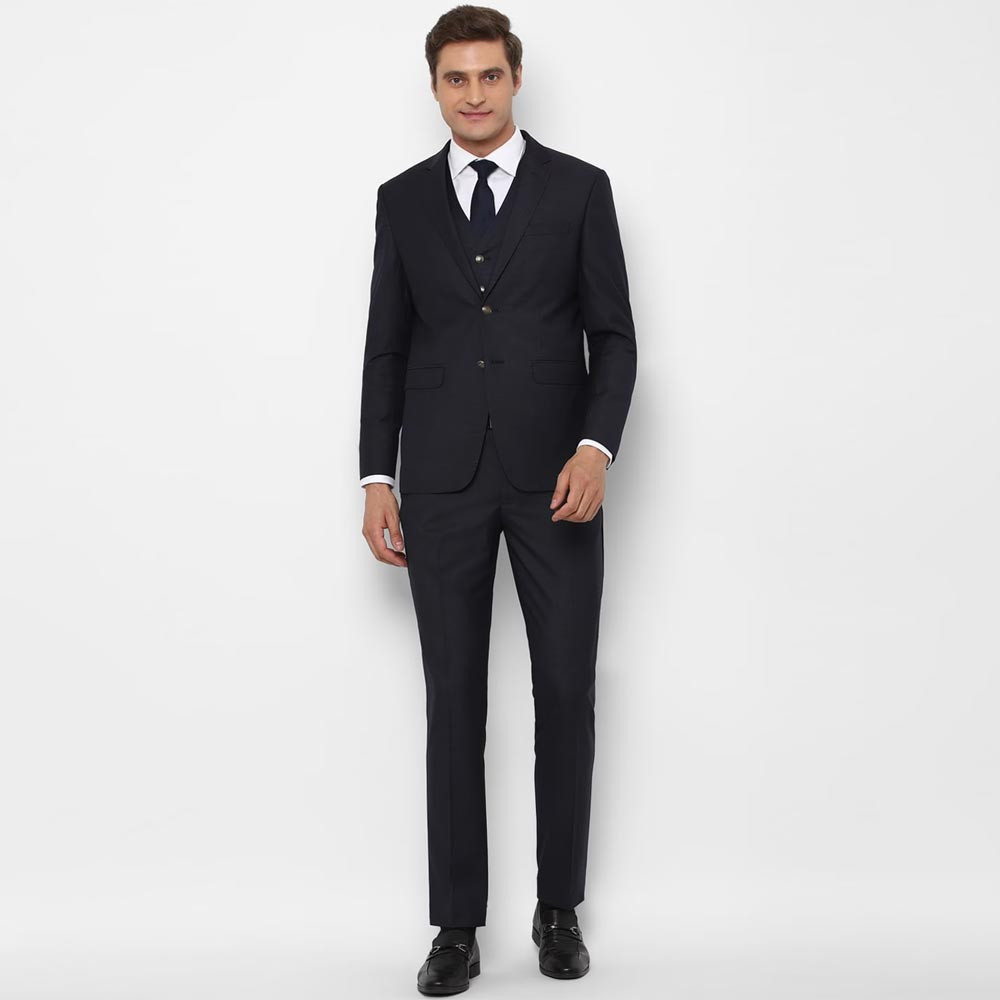 Men Navy-Blue Self-Design Slim-Fit 3-Piece Single-Breasted Formal Suit