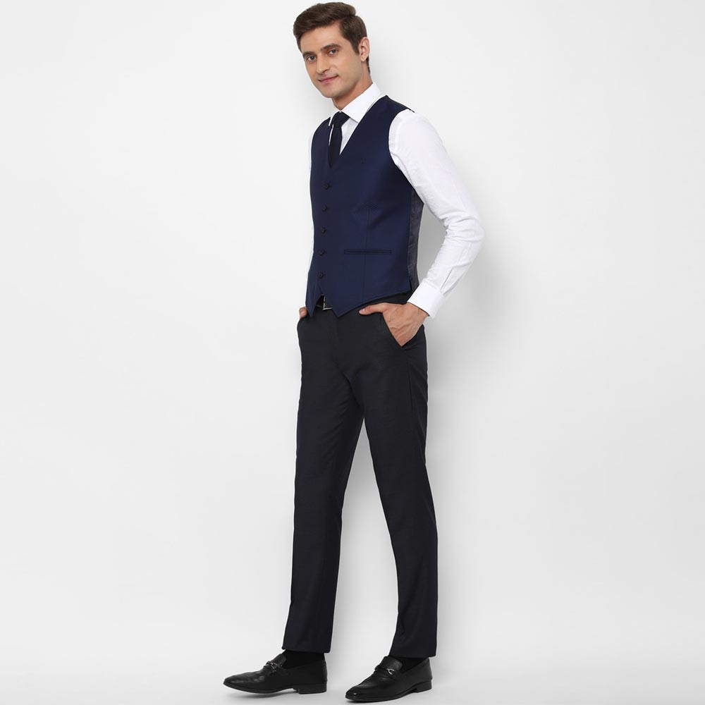 Men Navy-Blue Self-Design Slim-Fit 3-Piece Single-Breasted Formal Suit