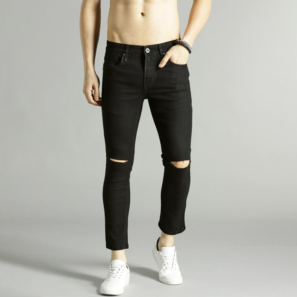 Men Black Skinny Fit Mid-Rise Slash Knee Stretchable Cropped Jeans