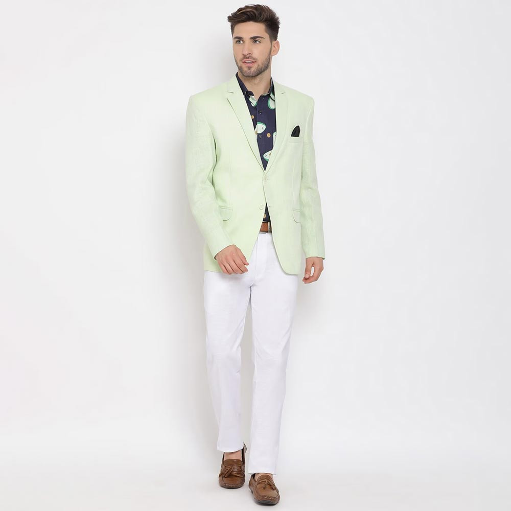 Men Green & White Solid Single-Breasted 3-Piece Party Suit