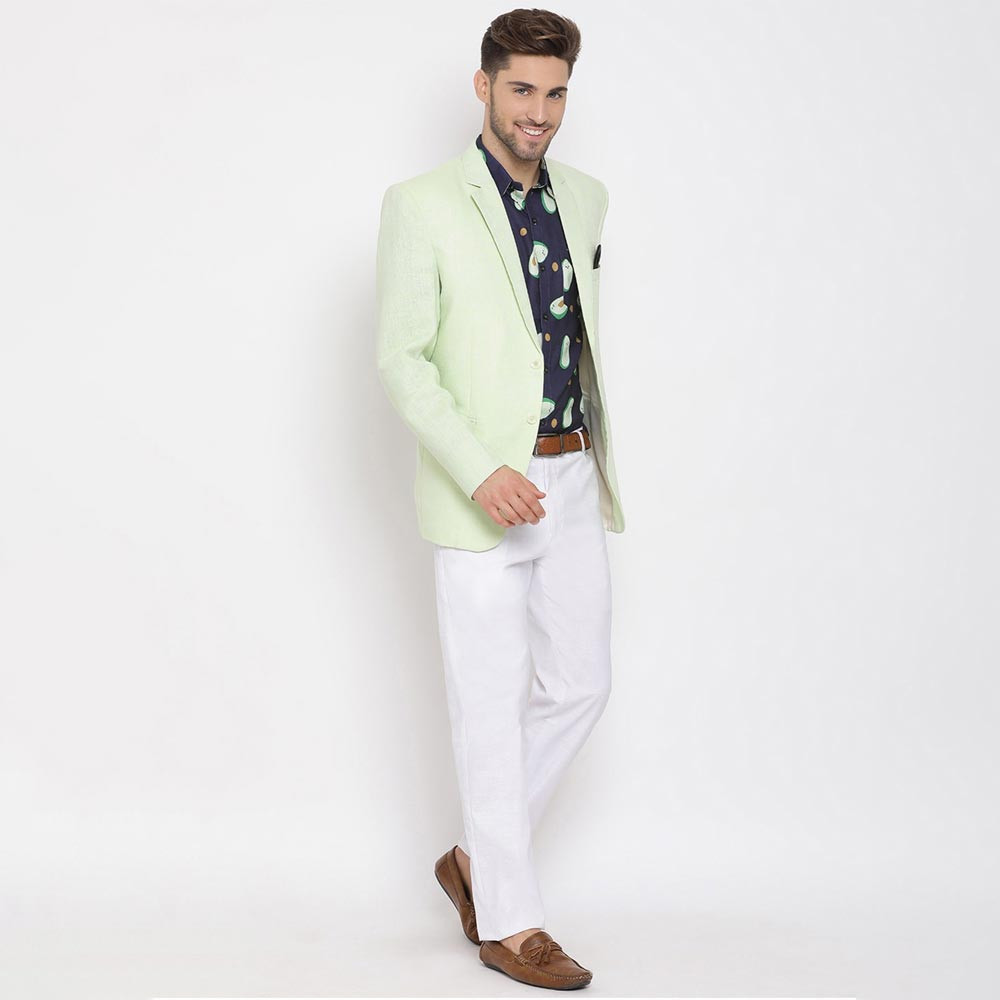 Men Green & White Solid Single-Breasted 3-Piece Party Suit