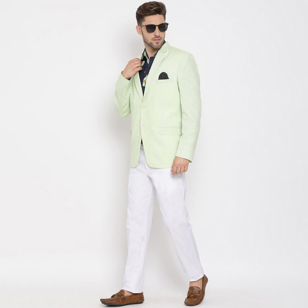 Men Green & White Solid Single-Breasted 3-Piece Party Suit