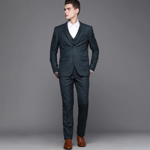 Men Navy Blue Checked Slim-Fit Single-Breasted Formal Three-Piece Suit